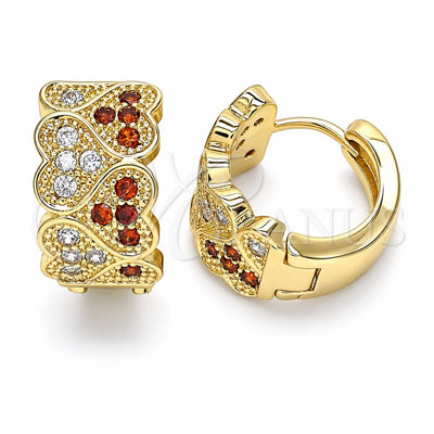 Oro Laminado Huggie Hoop, Gold Filled Style Heart Design, with Garnet and White Micro Pave, Polished, Golden Finish, 02.266.0048.1.15