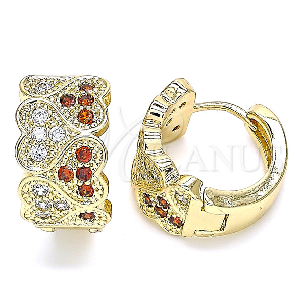 Gold Filled Hoop Earrings — Huggie Hoop Heart Design with Garnet and White — main product view — SKU 135560 | Oro Laminado aretes de aro — Huggie Hoop corazón diseño with Garnet and blanco — SKU 135560
