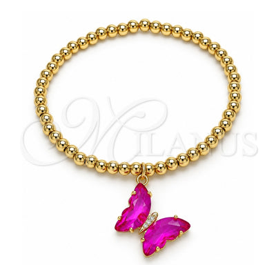 Oro Laminado Fancy Bracelet, Gold Filled Style Expandable Bead and Butterfly Design, with Fuchsia Crystal and White Micro Pave, Polished, Golden Finish, 03.341.0112.2.07 (04 MM Thickness, 7 Inches Length)