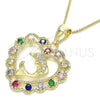 Oro Laminado Pendant Necklace, Gold Filled Style Heart and Dolphin Design, with Multicolor Cubic Zirconia and White Micro Pave, Polished, Golden Finish, 04.253.0018.20 (02 MM Thickness, 20 Inches Length)