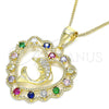 Oro Laminado Pendant Necklace, Gold Filled Style Heart and Dolphin Design, with Multicolor Cubic Zirconia and White Micro Pave, Polished, Golden Finish, 04.253.0018.20 (02 MM Thickness, 20 Inches Length)