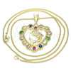 Oro Laminado Pendant Necklace, Gold Filled Style Heart and Dolphin Design, with Multicolor Cubic Zirconia and White Micro Pave, Polished, Golden Finish, 04.253.0018.20 (02 MM Thickness, 20 Inches Length)