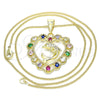 Oro Laminado Pendant Necklace, Gold Filled Style Heart and Dolphin Design, with Multicolor Cubic Zirconia and White Micro Pave, Polished, Golden Finish, 04.253.0018.20 (02 MM Thickness, 20 Inches Length)