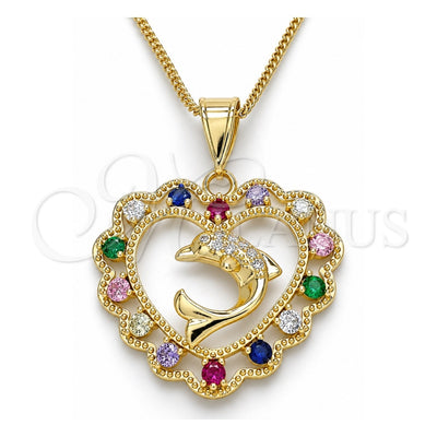 Oro Laminado Pendant Necklace, Gold Filled Style Heart and Dolphin Design, with Multicolor Cubic Zirconia and White Micro Pave, Polished, Golden Finish, 04.253.0018.20 (02 MM Thickness, 20 Inches Length)