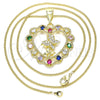 Oro Laminado Pendant Necklace, Gold Filled Style Heart and Butterfly Design, with Multicolor Cubic Zirconia and White Micro Pave, Polished, Golden Finish, 04.253.0019.20 (02 MM Thickness, 20 Inches Length)