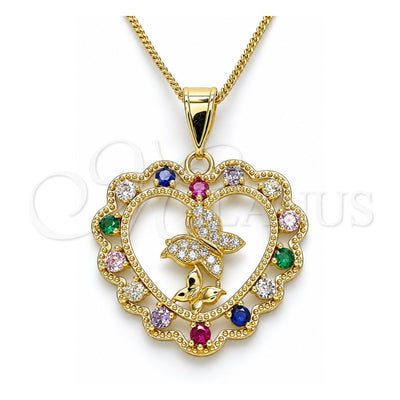 Oro Laminado Pendant Necklace, Gold Filled Style Heart and Butterfly Design, with Multicolor Cubic Zirconia and White Micro Pave, Polished, Golden Finish, 04.253.0019.20 (02 MM Thickness, 20 Inches Length)