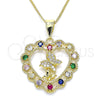 Oro Laminado Pendant Necklace, Gold Filled Style Heart and Butterfly Design, with Multicolor Cubic Zirconia and White Micro Pave, Polished, Golden Finish, 04.253.0019.20 (02 MM Thickness, 20 Inches Length)