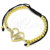 Oro Laminado Adjustable Bolo Bracelet, Gold Filled Style Heart and Ball Design, with White Micro Pave, Polished, Golden Finish, 03.299.0069.11 (04 MM Thickness, 11 Inches Length)