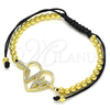 Oro Laminado Adjustable Bolo Bracelet, Gold Filled Style Heart and Ball Design, with White Micro Pave, Polished, Golden Finish, 03.299.0069.11 (04 MM Thickness, 11 Inches Length)