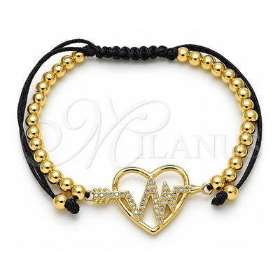 Oro Laminado Adjustable Bolo Bracelet, Gold Filled Style Heart and Ball Design, with White Micro Pave, Polished, Golden Finish, 03.299.0069.11 (04 MM Thickness, 11 Inches Length)