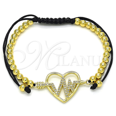 Oro Laminado Adjustable Bolo Bracelet, Gold Filled Style Heart and Ball Design, with White Micro Pave, Polished, Golden Finish, 03.299.0069.11 (04 MM Thickness, 11 Inches Length)