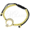 Oro Laminado Adjustable Bolo Bracelet, Gold Filled Style Moon and Flower Design, with White Micro Pave and White Cubic Zirconia, Polished, Golden Finish, 03.299.0070.11 (04 MM Thickness, 11 Inches Length)