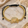 Oro Laminado Adjustable Bolo Bracelet, Gold Filled Style Moon and Love Design, with White Micro Pave, Polished, Golden Finish, 03.299.0071.11 (04 MM Thickness, 11 Inches Length)