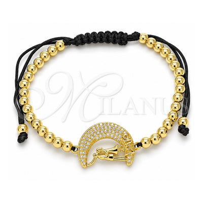 Oro Laminado Adjustable Bolo Bracelet, Gold Filled Style Moon and Love Design, with White Micro Pave, Polished, Golden Finish, 03.299.0071.11 (04 MM Thickness, 11 Inches Length)
