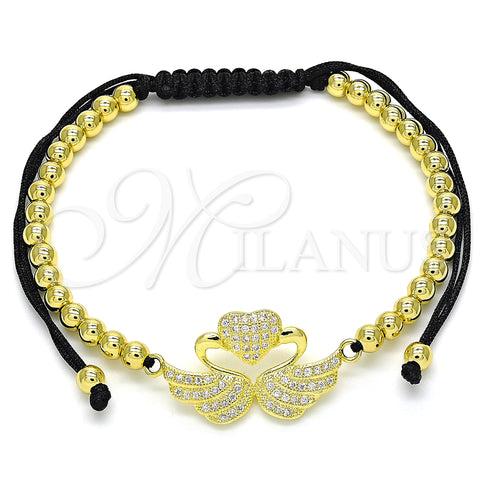 Oro Laminado Adjustable Bolo Bracelet, Gold Filled Style Swan and Heart Design, with White Micro Pave, Polished, Golden Finish, 03.299.0072.11 (04 MM Thickness, 11 Inches Length)
