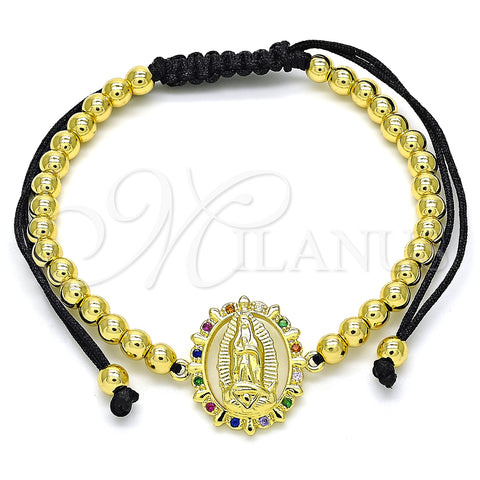 Oro Laminado Adjustable Bolo Bracelet, Gold Filled Style Guadalupe and Ball Design, with Multicolor Micro Pave, Polished, Golden Finish, 03.299.0074.11 (04 MM Thickness, 11 Inches Length)