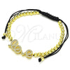 Oro Laminado Adjustable Bolo Bracelet, Gold Filled Style Love and Ball Design, with White Micro Pave, Polished, Golden Finish, 03.299.0079.11 (04 MM Thickness, 11 Inches Length)