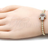 Oro Laminado Adjustable Bolo Bracelet, Gold Filled Style Hand of God and Ball Design, with Ruby and White Micro Pave, Polished, Golden Finish, 03.299.0066.1.11 (04 MM Thickness, 11 Inches Length)