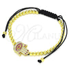 Oro Laminado Adjustable Bolo Bracelet, Gold Filled Style Hand of God and Ball Design, with Ruby and White Micro Pave, Polished, Golden Finish, 03.299.0066.1.11 (04 MM Thickness, 11 Inches Length)