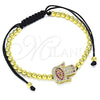 Oro Laminado Adjustable Bolo Bracelet, Gold Filled Style Hand of God and Ball Design, with Ruby and White Micro Pave, Polished, Golden Finish, 03.299.0066.1.11 (04 MM Thickness, 11 Inches Length)