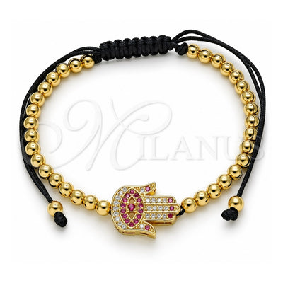 Oro Laminado Adjustable Bolo Bracelet, Gold Filled Style Hand of God and Ball Design, with Ruby and White Micro Pave, Polished, Golden Finish, 03.299.0066.1.11 (04 MM Thickness, 11 Inches Length)