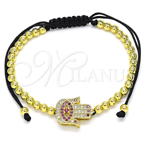 Oro Laminado Adjustable Bolo Bracelet, Gold Filled Style Hand of God and Ball Design, with Ruby and White Micro Pave, Polished, Golden Finish, 03.299.0066.1.11 (04 MM Thickness, 11 Inches Length)