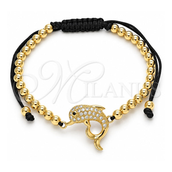 Oro Laminado Adjustable Bolo Bracelet, Gold Filled Style Butterfly and Ball Design, with Black and White Micro Pave, Polished, Golden Finish, 03.299.0083.11 (04 MM Thickness, 11 Inches Length)