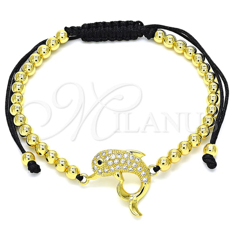 Oro Laminado Adjustable Bolo Bracelet, Gold Filled Style Butterfly and Ball Design, with Black and White Micro Pave, Polished, Golden Finish, 03.299.0083.11 (04 MM Thickness, 11 Inches Length)