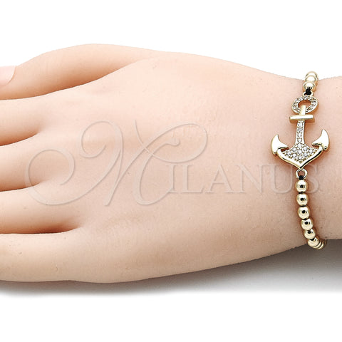 Oro Laminado Adjustable Bolo Bracelet, Gold Filled Style Anchor and Ball Design, with White Micro Pave, Polished, Golden Finish, 03.299.0085.11 (04 MM Thickness, 11 Inches Length)
