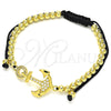 Oro Laminado Adjustable Bolo Bracelet, Gold Filled Style Anchor and Ball Design, with White Micro Pave, Polished, Golden Finish, 03.299.0085.11 (04 MM Thickness, 11 Inches Length)