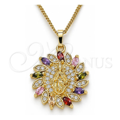 Oro Laminado Pendant Necklace, Gold Filled Style Guadalupe Design, with Multicolor Micro Pave, Polished, Golden Finish, 04.284.0032.1.20 (02 MM Thickness, 20 Inches Length)