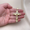 Oro Laminado Religious Pendant, Gold Filled Style Crucifix Design, with White Crystal, Polished, Golden Finish, 05.213.0071