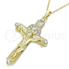 Oro Laminado Religious Pendant, Gold Filled Style Crucifix Design, with White Crystal, Polished, Golden Finish, 05.213.0071