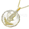 Oro Laminado Religious Pendant, Gold Filled Style Guadalupe and Flower Design, Diamond Cutting Finish, Golden Finish, 05.213.0074