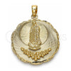 Oro Laminado Religious Pendant, Gold Filled Style Guadalupe and Flower Design, Diamond Cutting Finish, Golden Finish, 05.213.0074