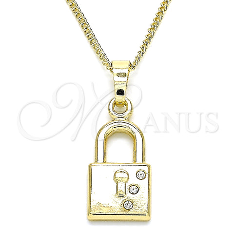 Oro Laminado Pendant Necklace, Gold Filled Style Lock Design, with White Crystal, Polished, Golden Finish, 04.213.0211.20 (02 MM Thickness, 20 Inches Length)