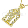 Oro Laminado Religious Pendant, Gold Filled Style San Judas and Heart Design, with White and Garnet Cubic Zirconia, Polished, Golden Finish, 05.253.0101