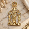 Oro Laminado Religious Pendant, Gold Filled Style San Judas and Heart Design, with White and Garnet Cubic Zirconia, Polished, Golden Finish, 05.253.0101