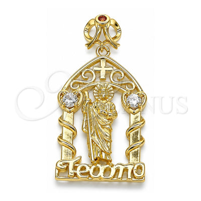 Oro Laminado Religious Pendant, Gold Filled Style San Judas and Heart Design, with White and Garnet Cubic Zirconia, Polished, Golden Finish, 05.253.0101
