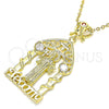 Oro Laminado Religious Pendant, Gold Filled Style San Benito and Heart Design, with White and Garnet Cubic Zirconia, Polished, Golden Finish, 05.253.0102