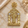 Oro Laminado Religious Pendant, Gold Filled Style San Benito and Heart Design, with White and Garnet Cubic Zirconia, Polished, Golden Finish, 05.253.0102