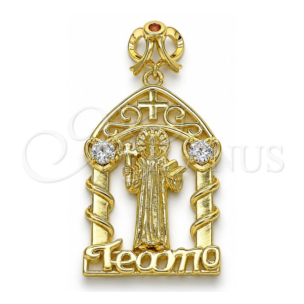 Oro Laminado Religious Pendant, Gold Filled Style San Benito and Heart Design, with White and Garnet Cubic Zirconia, Polished, Golden Finish, 05.253.0102