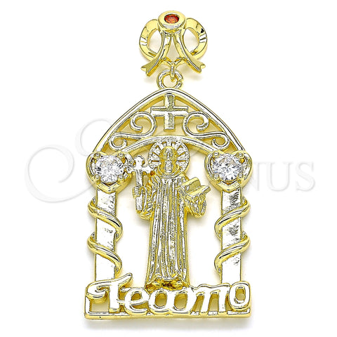 Oro Laminado Religious Pendant, Gold Filled Style San Benito and Heart Design, with White and Garnet Cubic Zirconia, Polished, Golden Finish, 05.253.0102