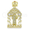Oro Laminado Religious Pendant, Gold Filled Style San Benito and Heart Design, with White and Garnet Cubic Zirconia, Polished, Golden Finish, 05.253.0102