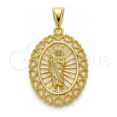 Oro Laminado Religious Pendant, Gold Filled Style San Judas and Heart Design, Polished, Golden Finish, 05.253.0105