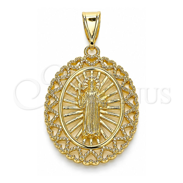 Oro Laminado Religious Pendant, Gold Filled Style San Benito and Heart Design, Polished, Golden Finish, 05.253.0106