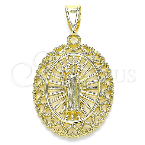 Oro Laminado Religious Pendant, Gold Filled Style San Benito and Heart Design, Polished, Golden Finish, 05.253.0106