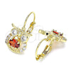 Oro Laminado Leverback Earring, Gold Filled Style Owl Design, with Garnet and White Cubic Zirconia, Polished, Golden Finish, 02.210.0434.1