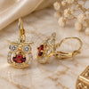 Oro Laminado Leverback Earring, Gold Filled Style Owl Design, with Garnet and White Cubic Zirconia, Polished, Golden Finish, 02.210.0434.1