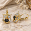 Oro Laminado Leverback Earring, Gold Filled Style Owl Design, with Black and White Cubic Zirconia, Polished, Golden Finish, 02.210.0434.2